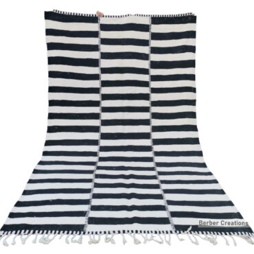 Striped Kilim Moroccan Rug Black and White 6.6′ x 10.8′