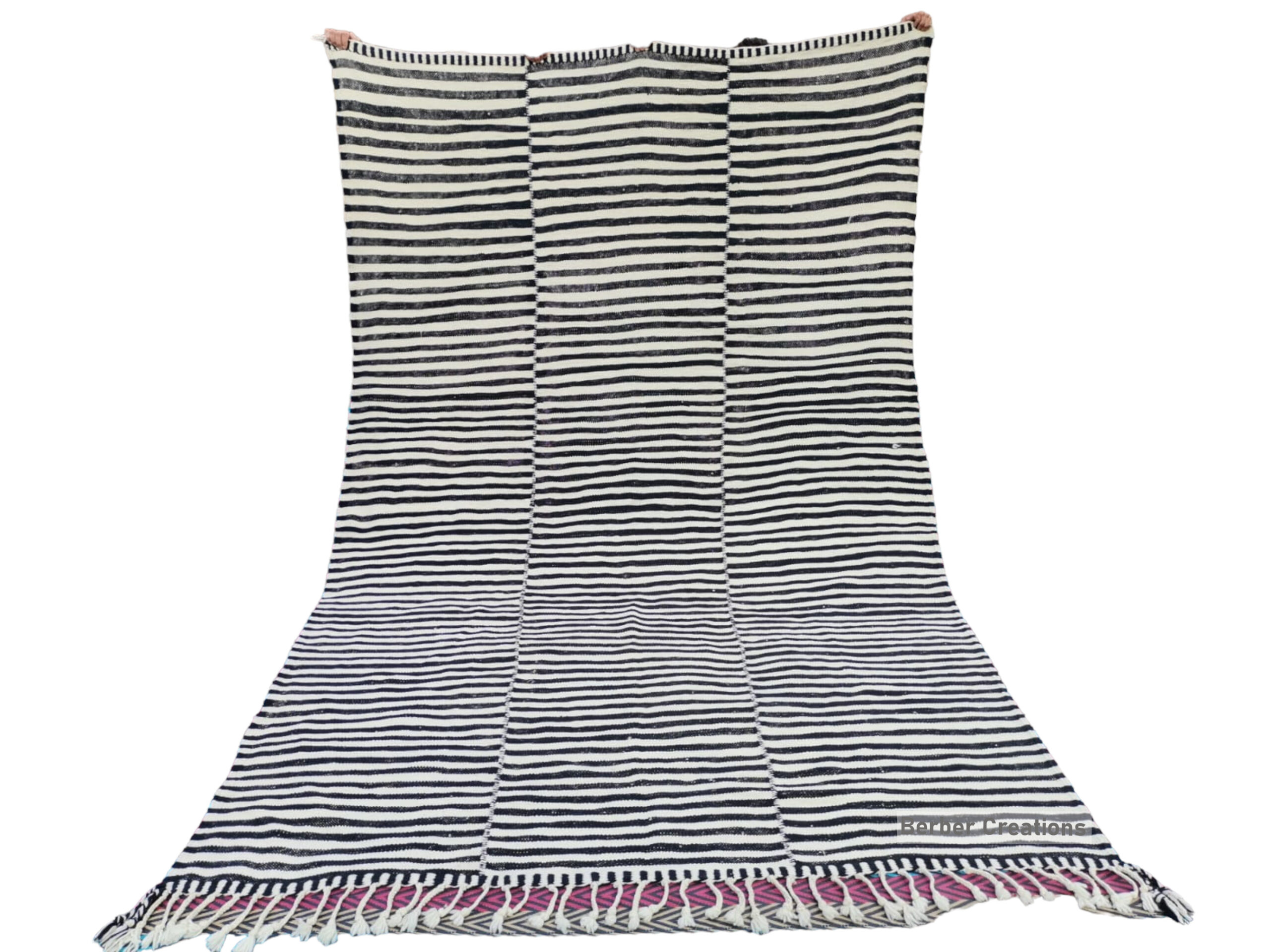 Striped moroccan kilim wool rug black and white