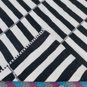 Striped Kilim Moroccan Rug Black and White 6.6′ x 10.8′