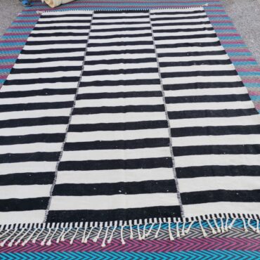 Striped Moroccan Wool Kilim Rug Black and White 7.7’x 10.8′