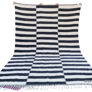 Striped Moroccan Wool Kilim Rug Black and White 7.7’x 10.8′