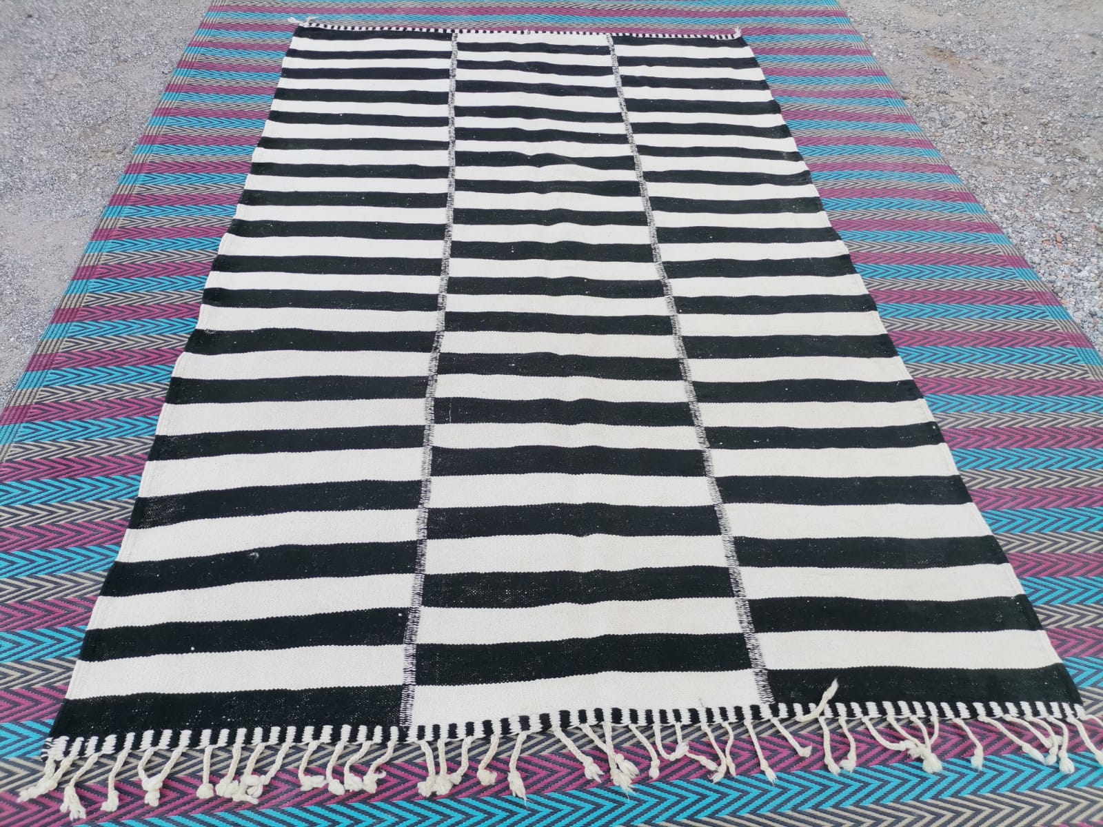 Striped Kilim Moroccan Rug Black and White 6.6' x 10.8' - Image 3