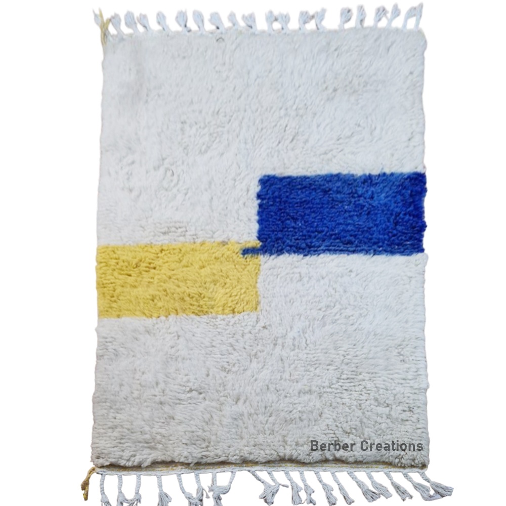 small shag moroccan wool rug white yellow and blue