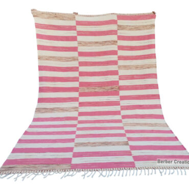 Striped Kilim Moroccan Wool Rug White and Pink 7.5 x 10.8 Feet