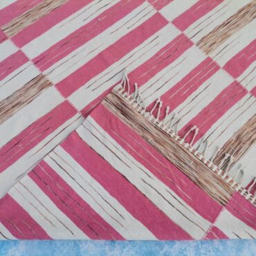 Striped Kilim Moroccan Wool Rug White and Pink 7.5 x 10.8 Feet
