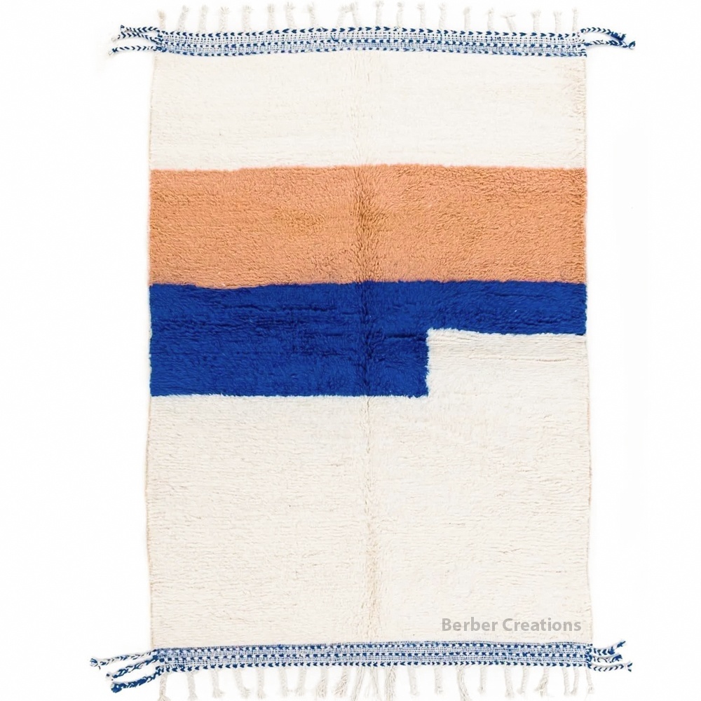 Moroccan beni ourain wool rug blue and peach