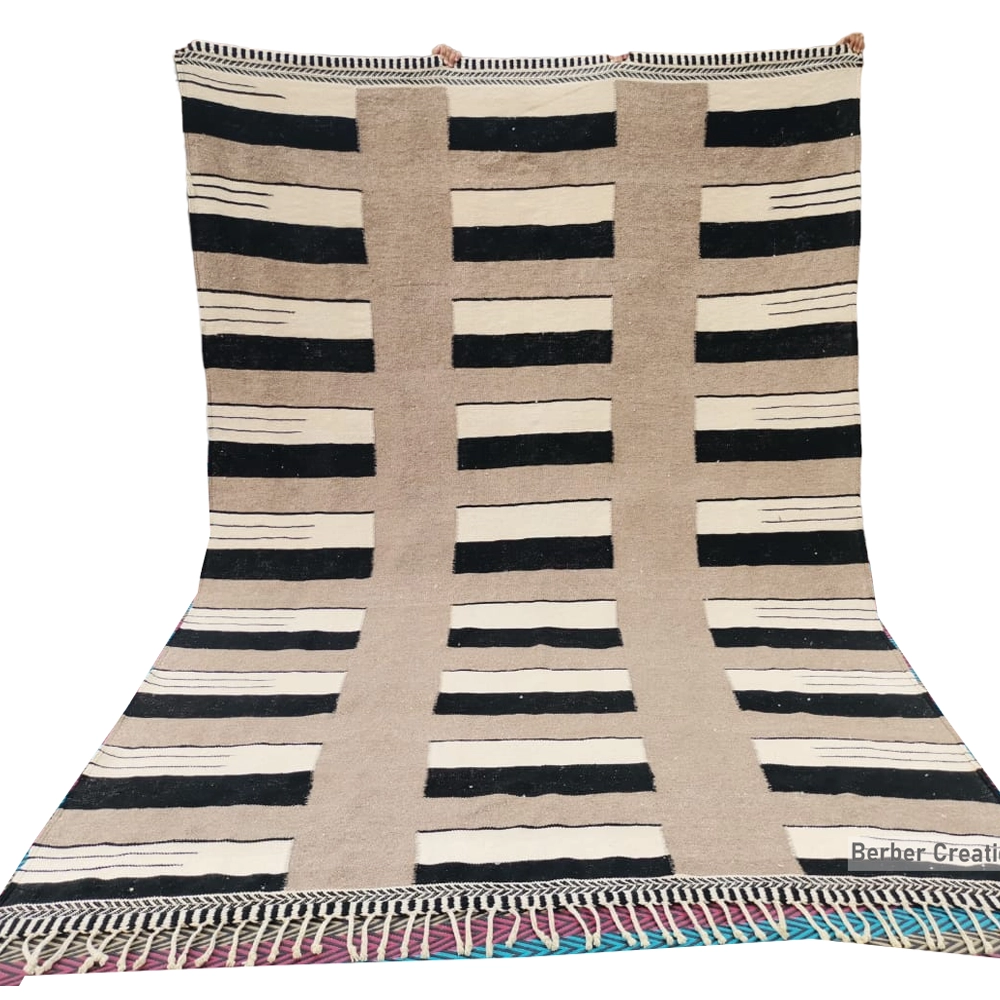 striped moroccan kilim wool rug flatweave beige rug