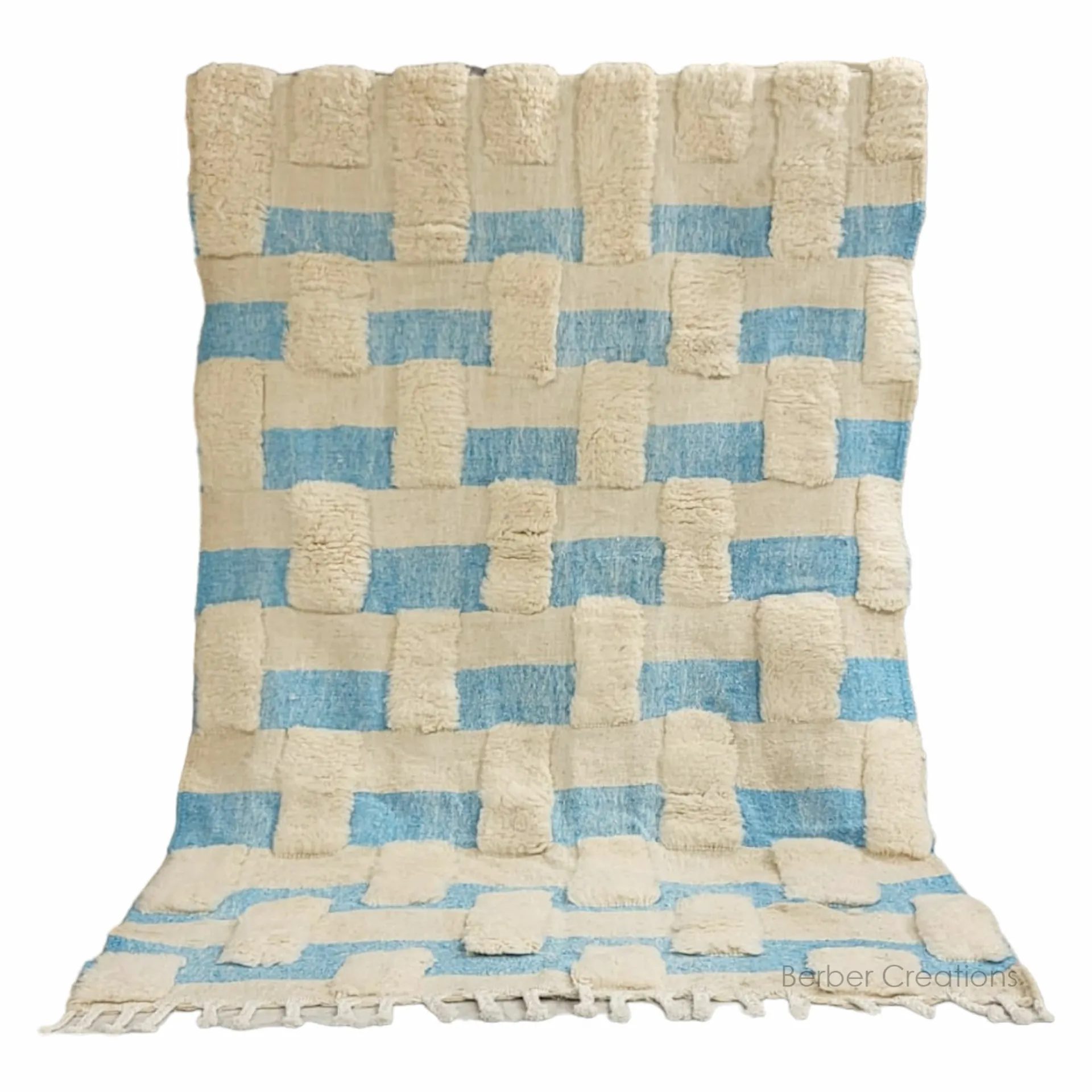 handmade moroccan beni wool rug cream and blue