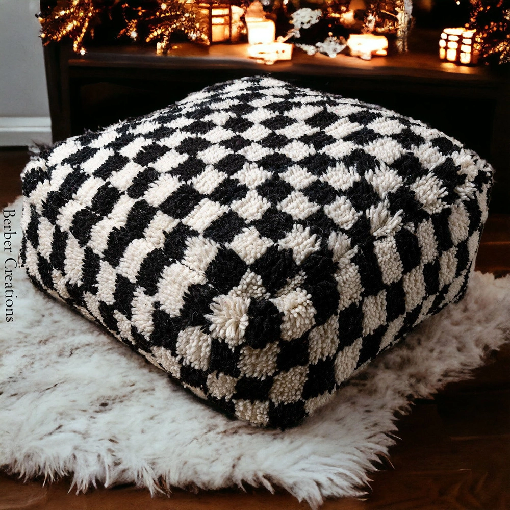 moroccan checkered pouf black and white