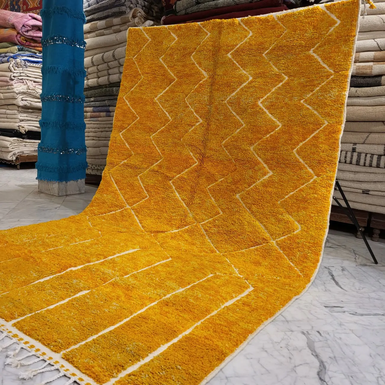 Shag Moroccan Beni Ourain Wool Rug Yellow 7'x11' - Image 4