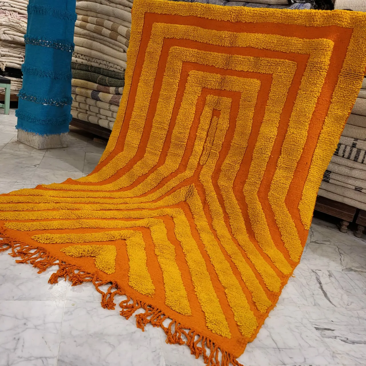 Shag Orange and Yellow Moroccan Wool Rug 7'x10' - Image 7