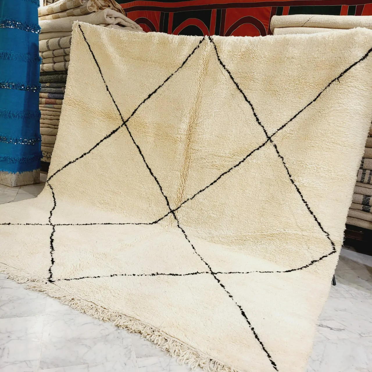 Shag Handmade Beni Ourain Rug Black Diamond Pattern 10'x10' - Image 10