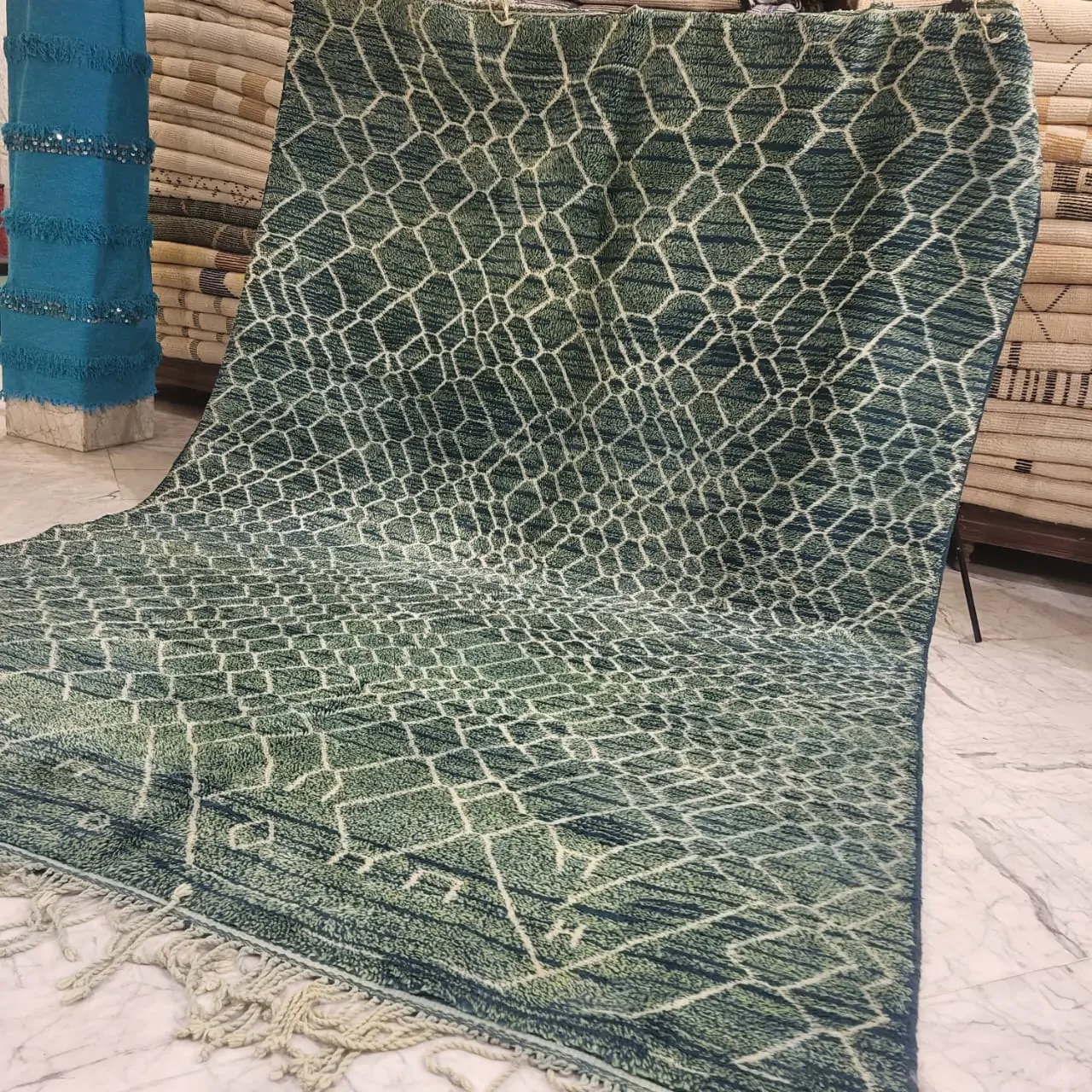 contemporary green moroccan berber wool rug details 4