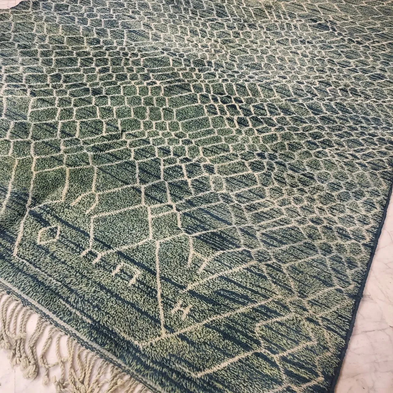 contemporary green moroccan berber wool rug details 2