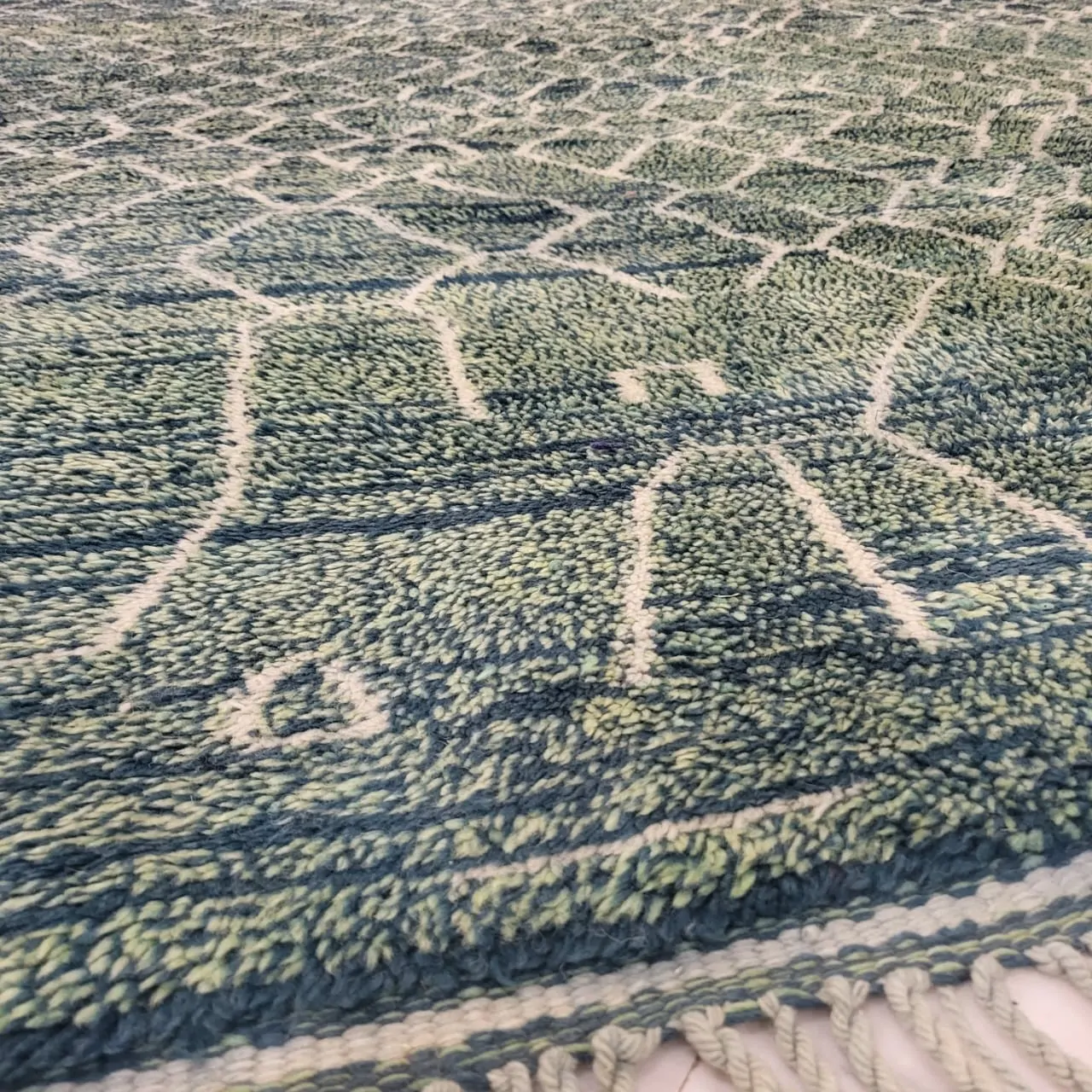 contemporary green moroccan berber wool rug details 10