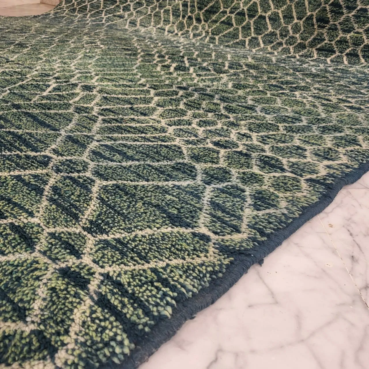 contemporary green moroccan berber wool rug details 9