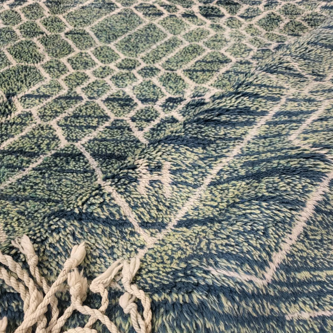 contemporary green moroccan berber wool rug details 7