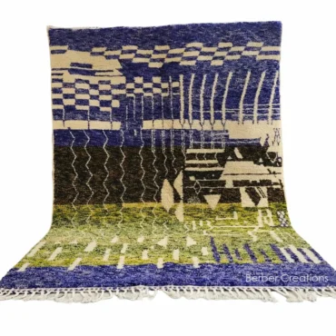 Shag Moroccan Beni Ourain Wool Rug Green and Blue 7’x10′