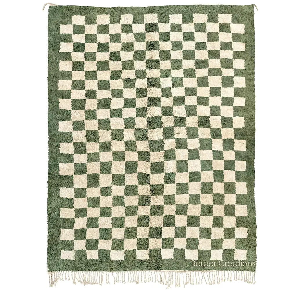 checkered moroccan beni wool rug green and white