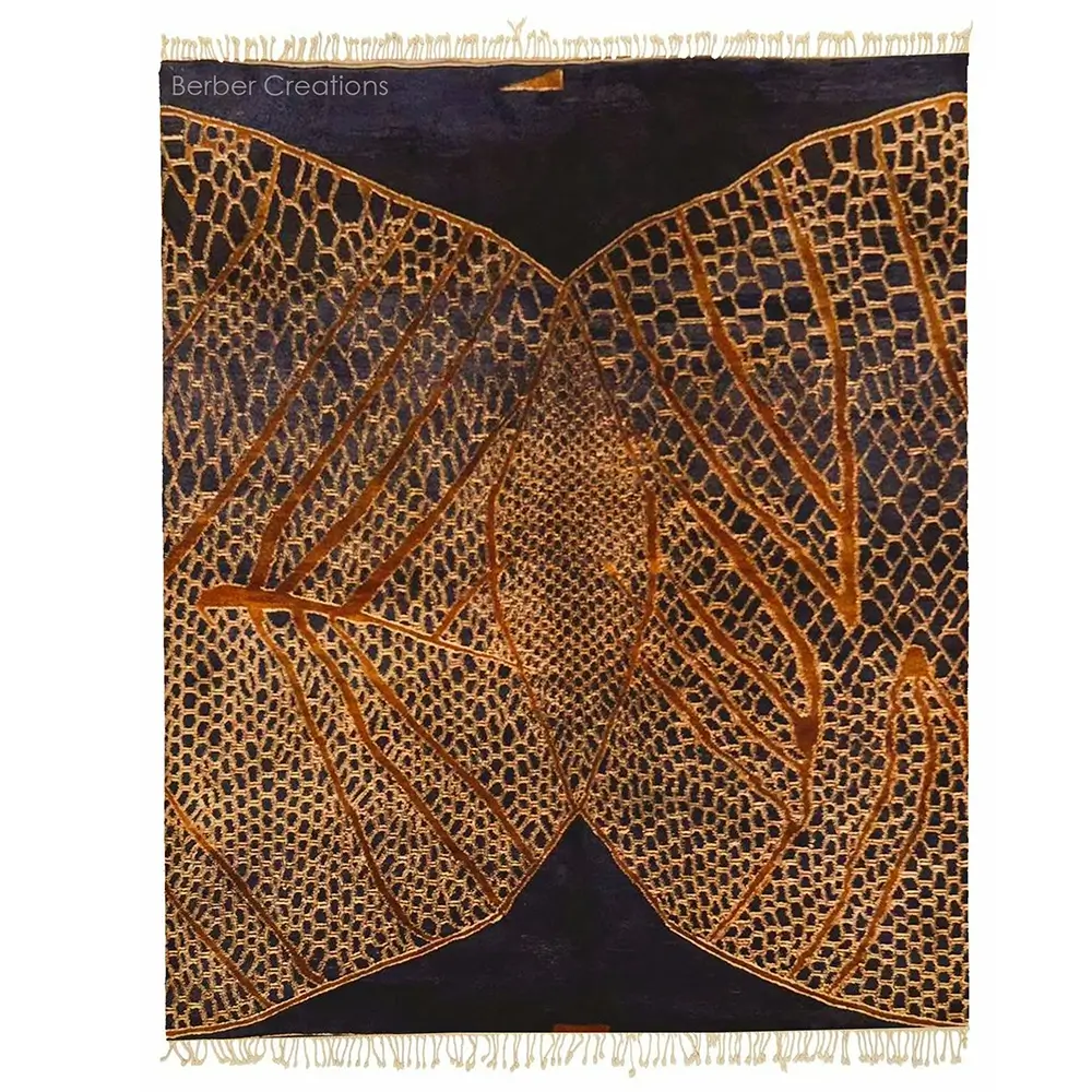 handwoven abstract moroccan beni rug black and orange Tifinagh - 1