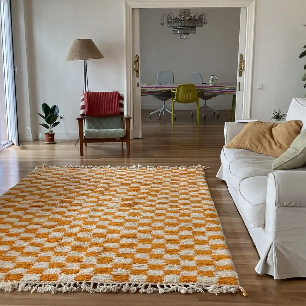 moroccan checkered orange berber rug living room