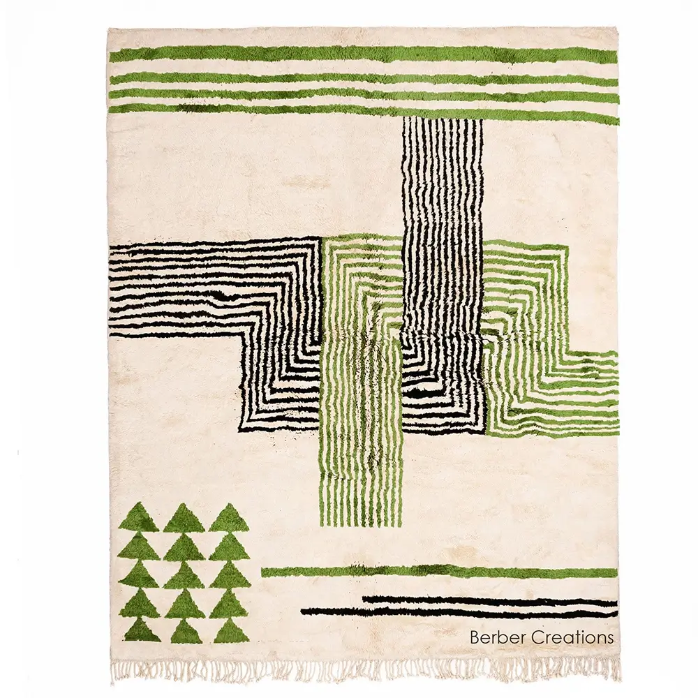 Contemporary moroccan berber rug green black and white - ASSRIR 2