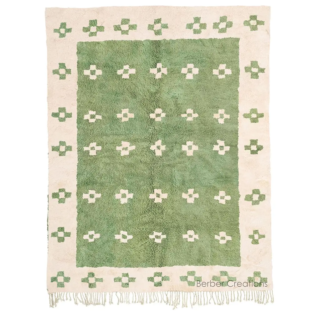 moroccan beni ourain wool rug sage green and white - YACOUB