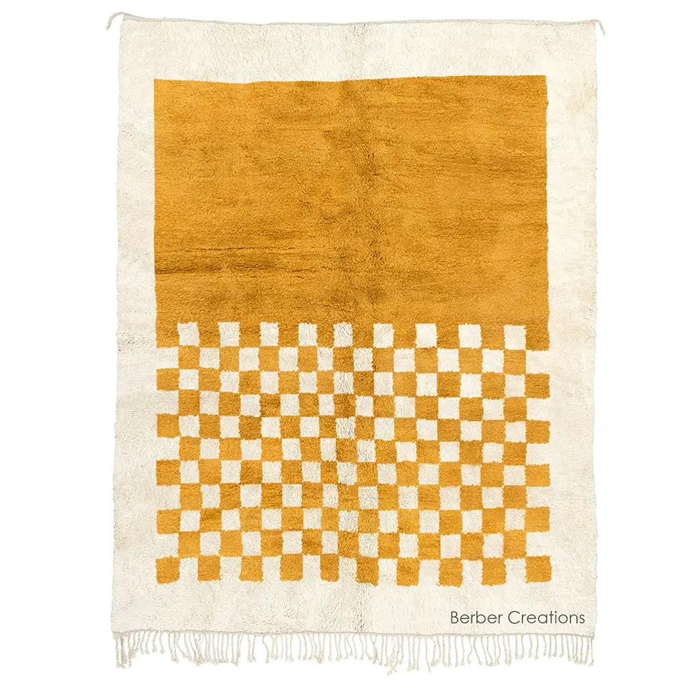 moroccan beni wool rug white and mustard yellow - ANZI 1