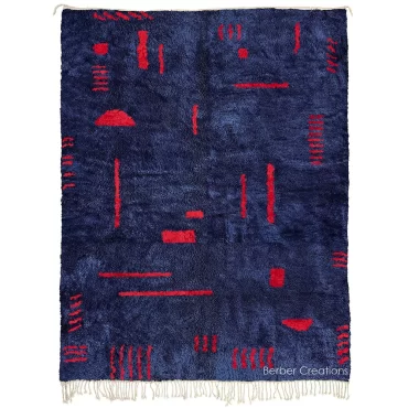 Moroccan Berber Wool Rug Navy Blue and Red