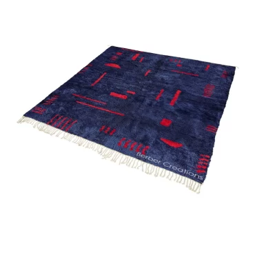 Moroccan Berber Wool Rug Navy Blue and Red