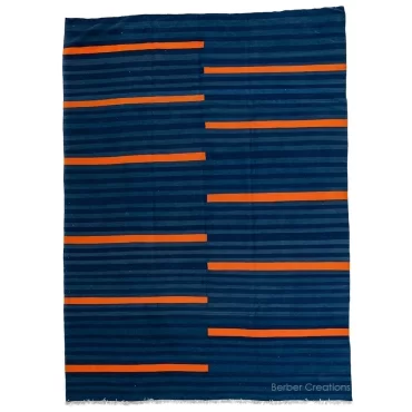 Flatweave Moroccan Kilim Wool Rug Blue and Orange