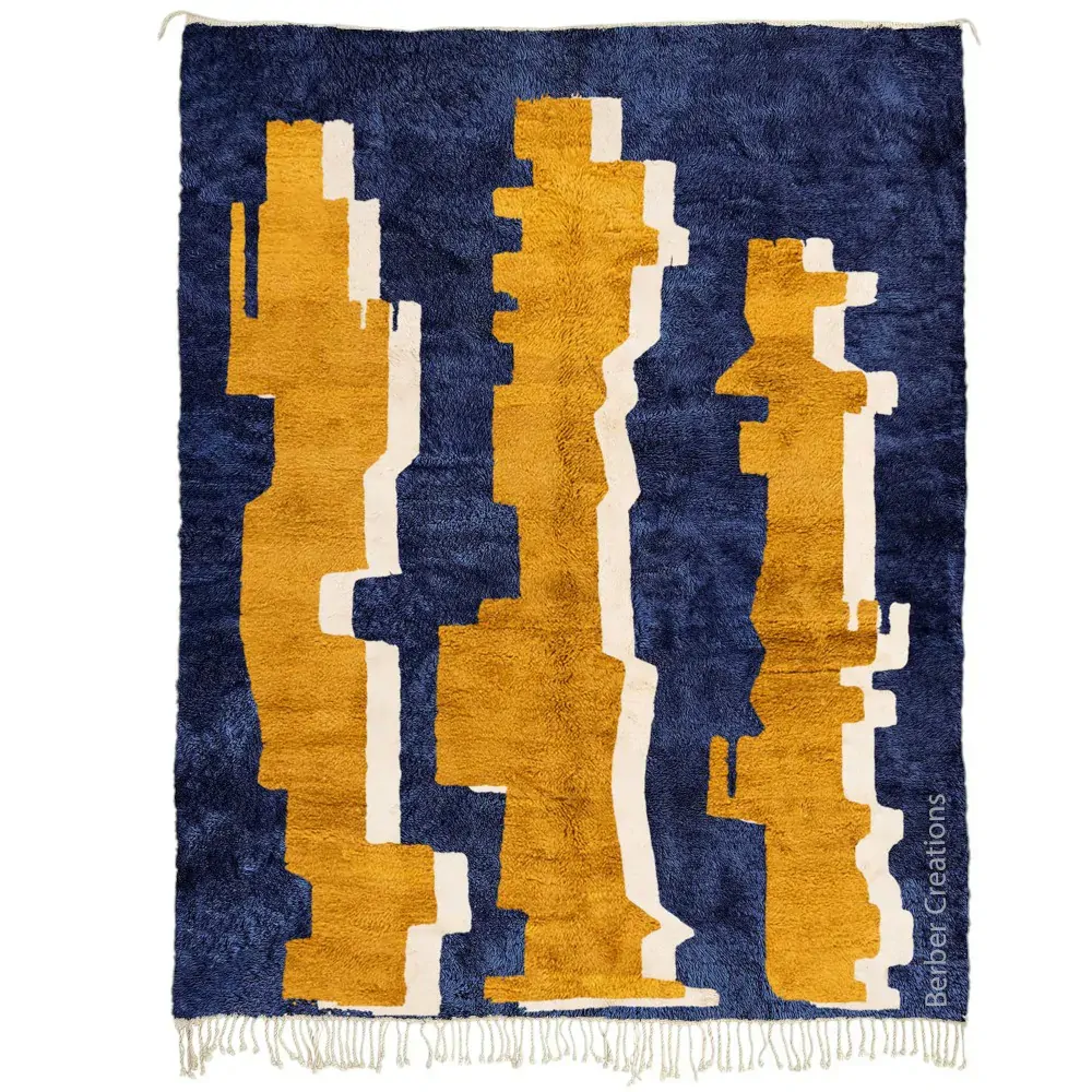 moroccan beni rug navy blue and mustard - Bahija