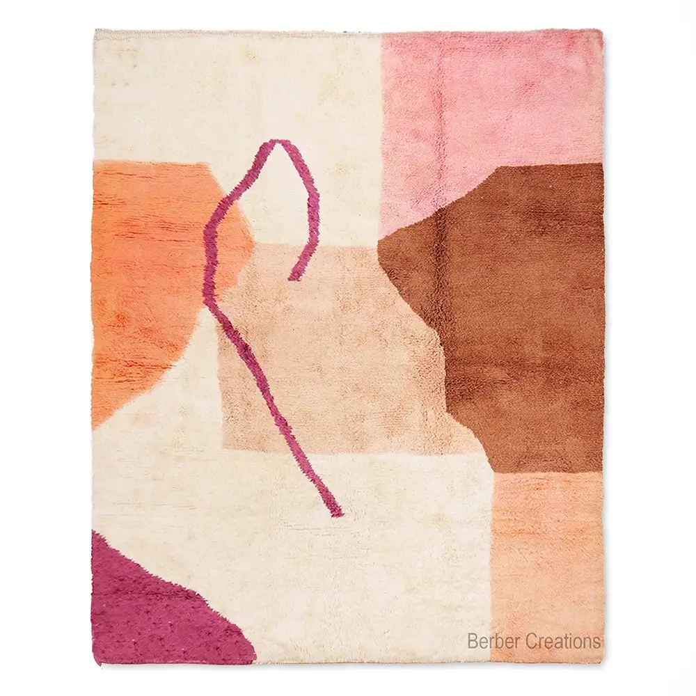 Abstract Beni Ourain KALLA rug with pink, orange, beige, and brown color blocks and a dark pink line on white wool