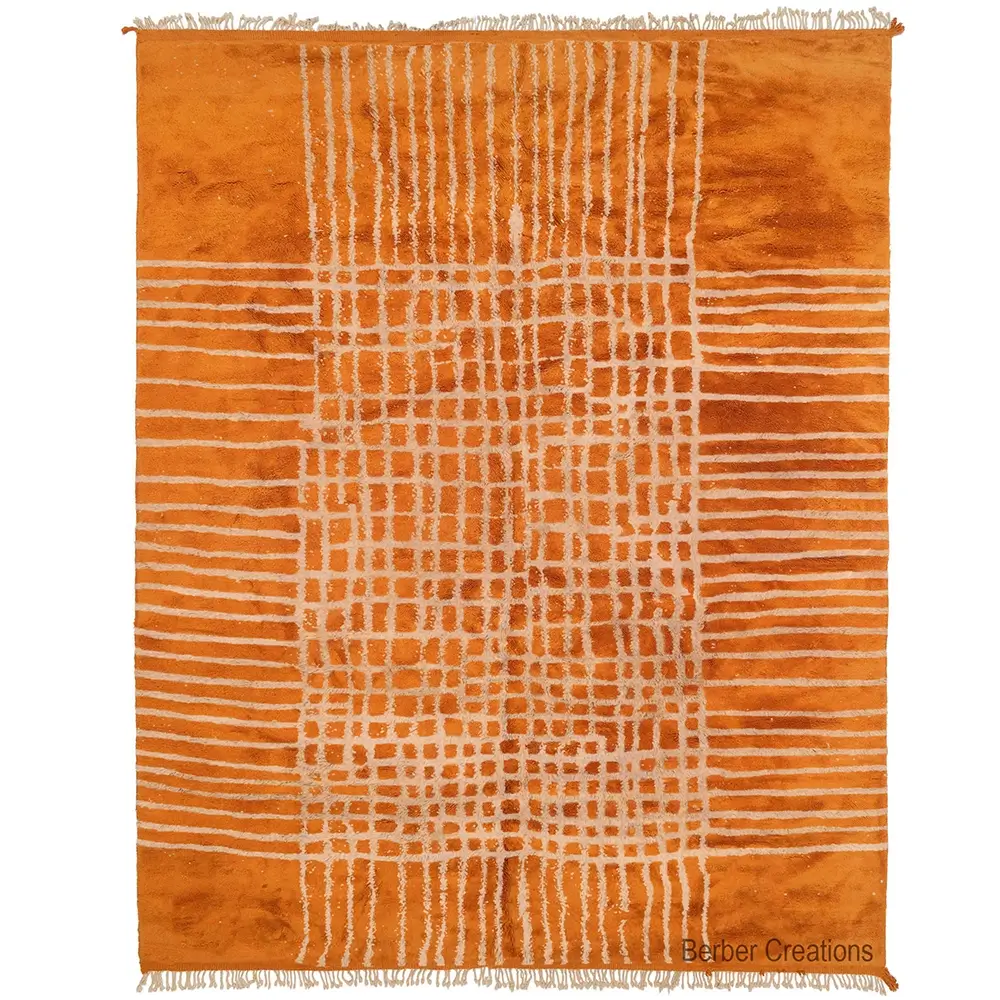 Authentic Hand-Knotted Beni Ourain Rug - Vibrant Orange with Off-White Geometric Grid and Stripe Pattern