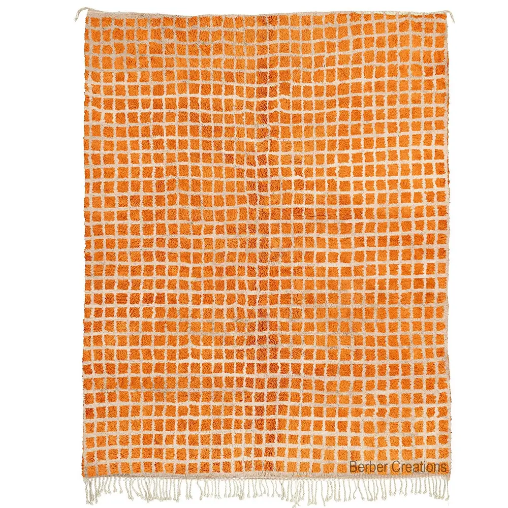 Authentic Hand-Knotted Beni Ourain Rug - Vibrant Orange with Off-White Grid Pattern (1)