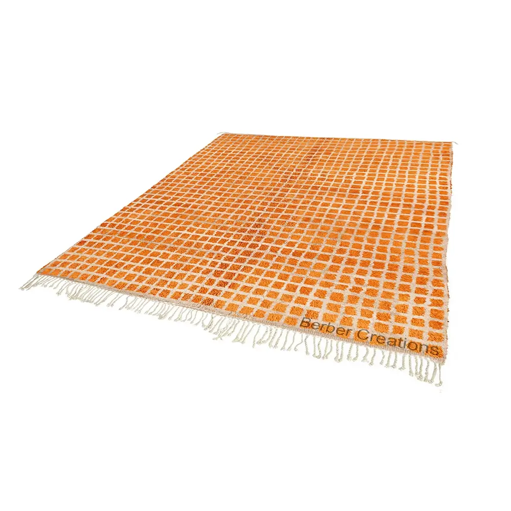 Flat lay Authentic Hand-Knotted Beni Ourain Rug - Vibrant Orange with Off-White Grid Pattern (2)