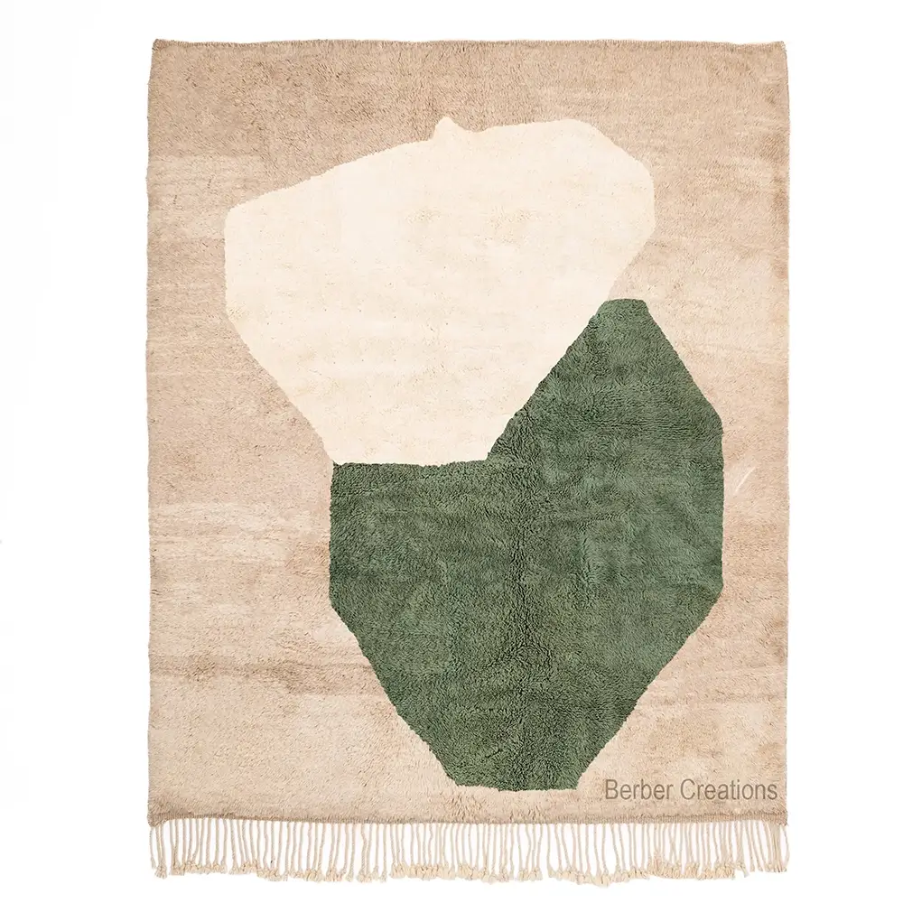 Authentic Hand-Knotted Beni Ourain Rug with Abstract Beige and Sage Green Design