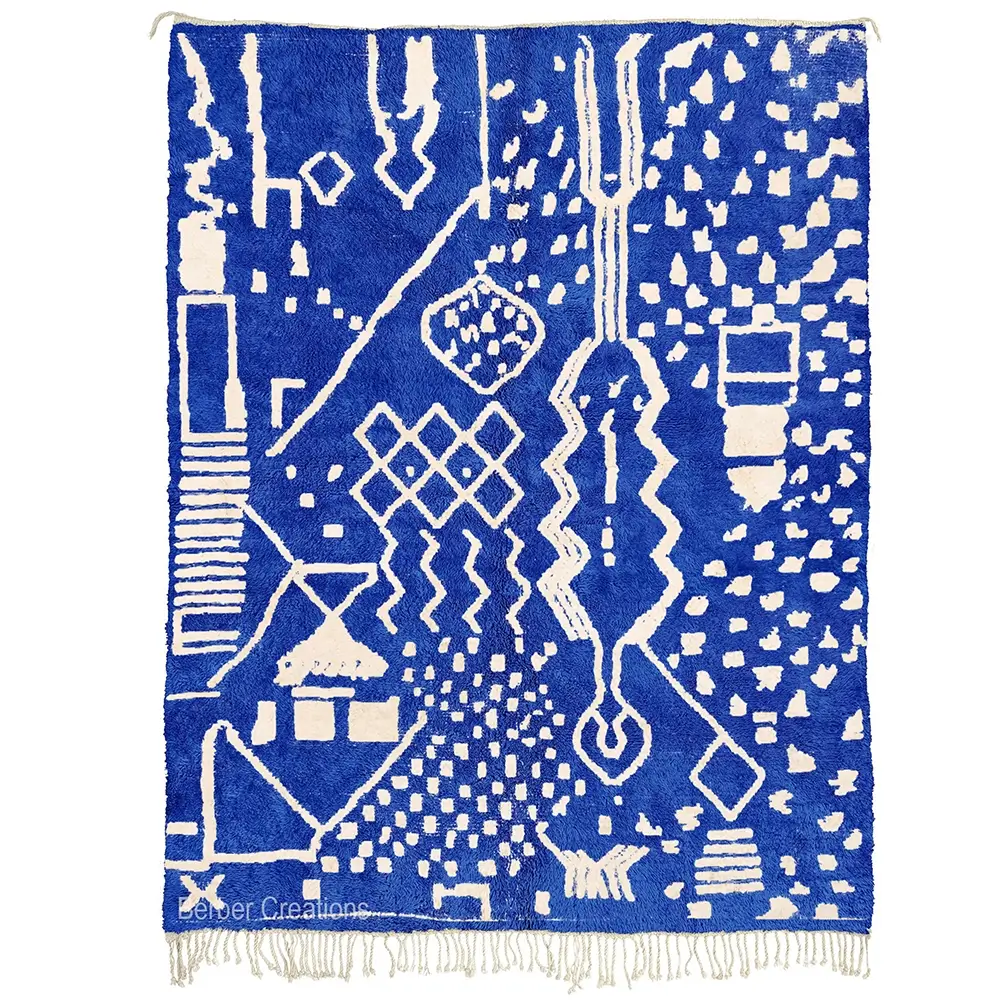 Blue Azilal rug with abstract white geometric shapes