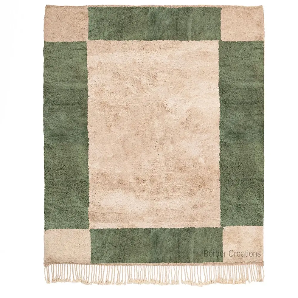 Green Moroccan Rug Beni Ourain style featuring a natural beige center and a bold sage green border