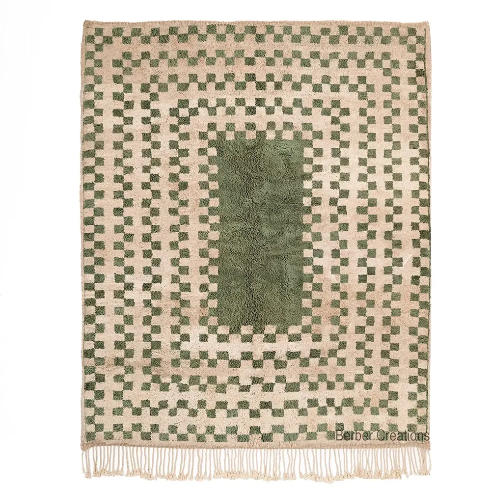Green Moroccan Rug, Beni Ourain style, with a beige checkerboard pattern and a solid green rectangle in the center