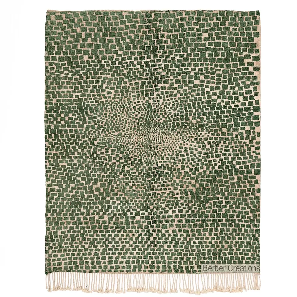 Green abstract Moroccan rug with pixelated or mosaic pattern on beige background.