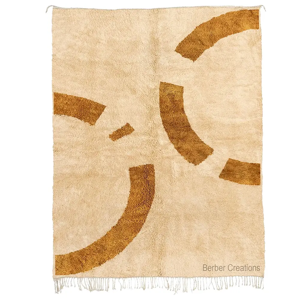 Handcrafted Moroccan Berber rug with a curved golden design on a beige wool background