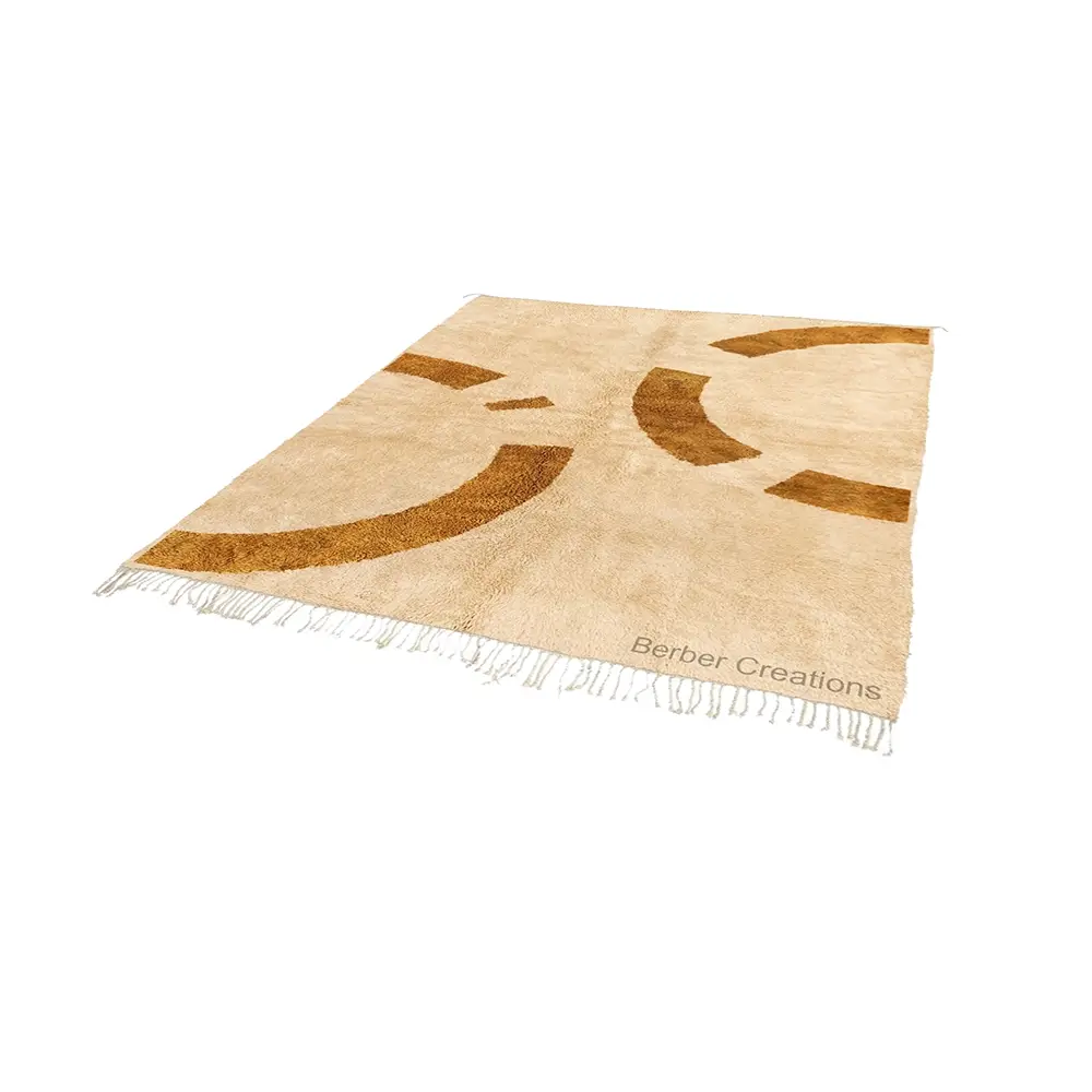 Handcrafted Moroccan Berber rug with a curved golden design on a beige wool background details