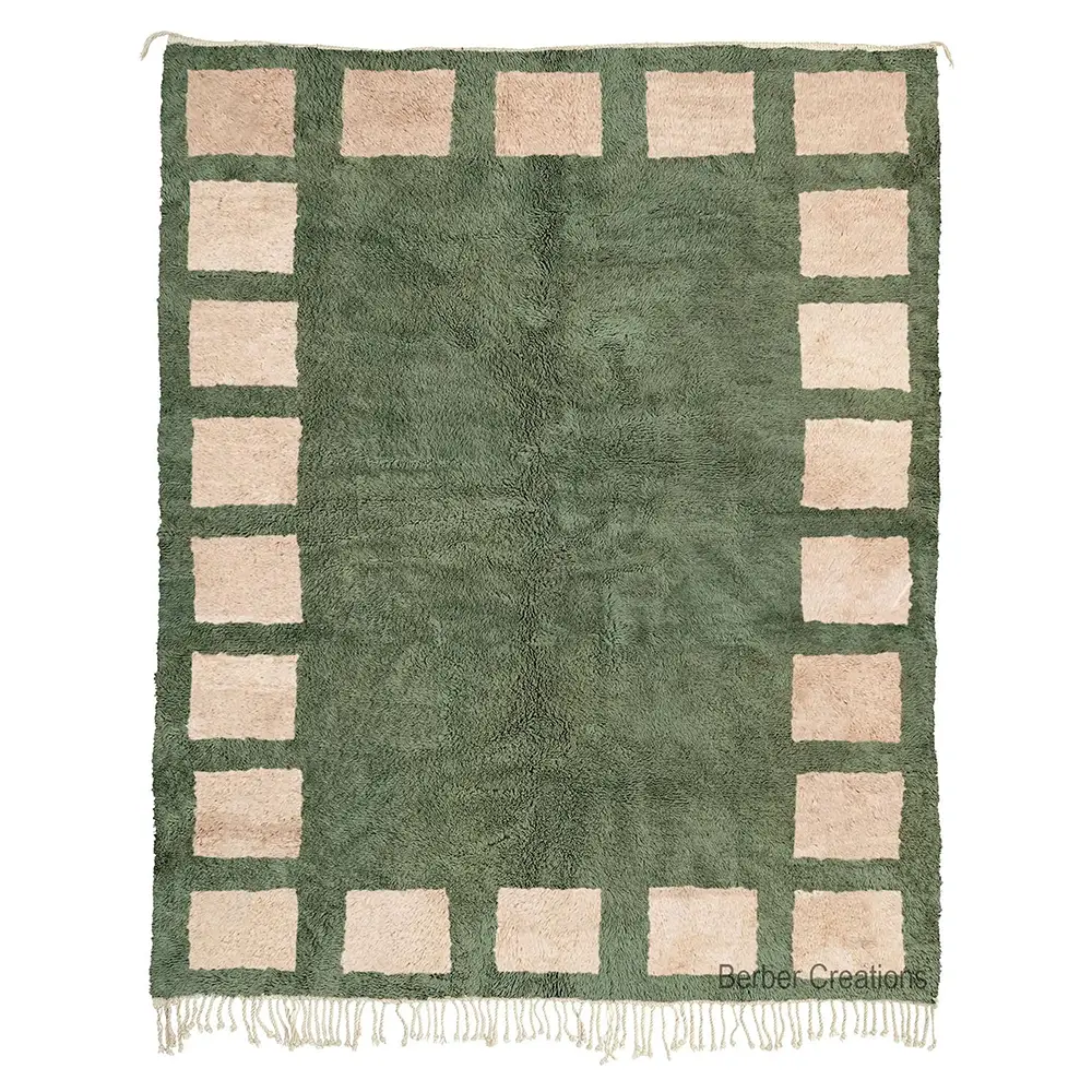 Handwoven Moroccan Beni Ourain rug with a sage green background and a thick border of beige squares