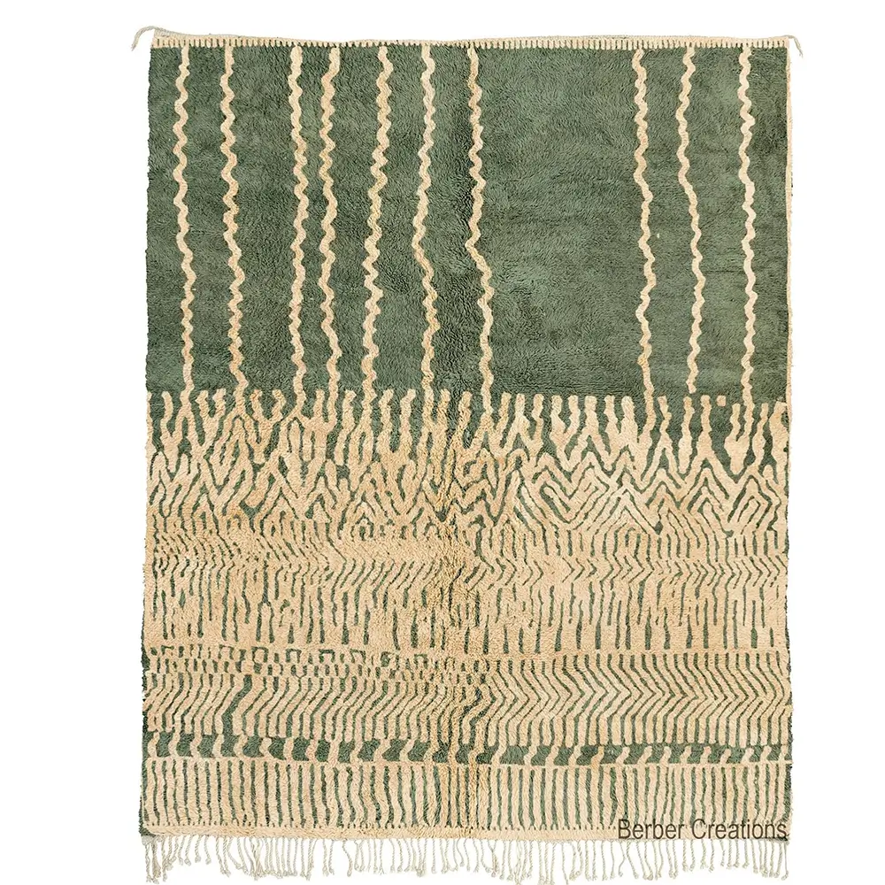 Moroccan Beni Ourain Rug Green and Beige Lines