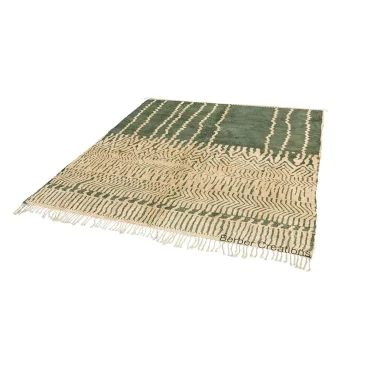 Moroccan Beni Ourain Rug Green and Beige  Lines