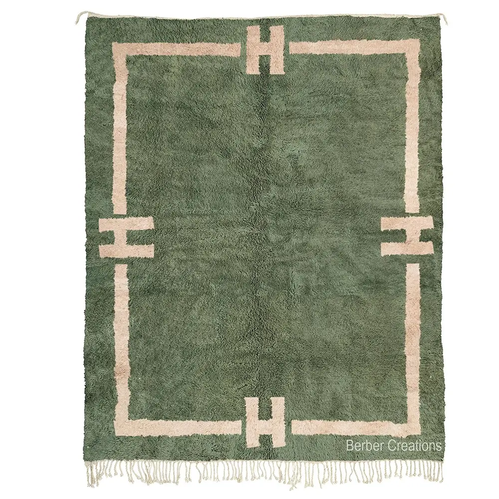 Olive green Moroccan rug with beige abstract symbols and border.