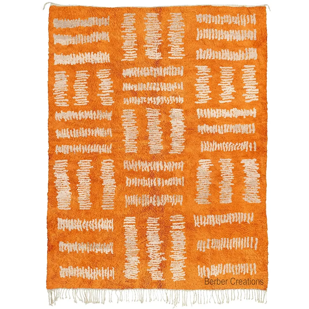 Authentic Hand-Knotted Beni Ourain Rug - Vibrant Orange with Off-White Geometric Pattern