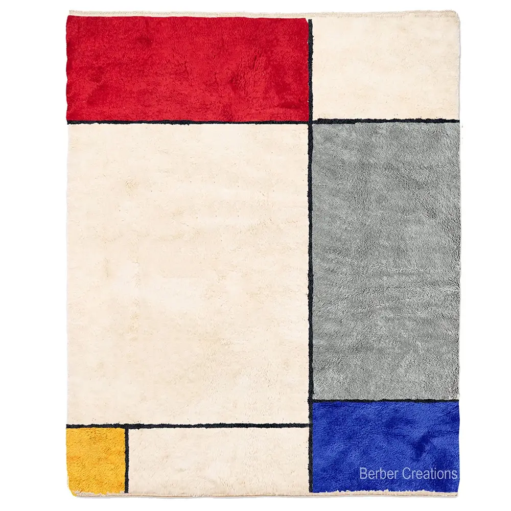 The De Stijl Spectrum Rug, a handmade Berber wool rug with a geometric pattern in red, grey, yellow, and blue