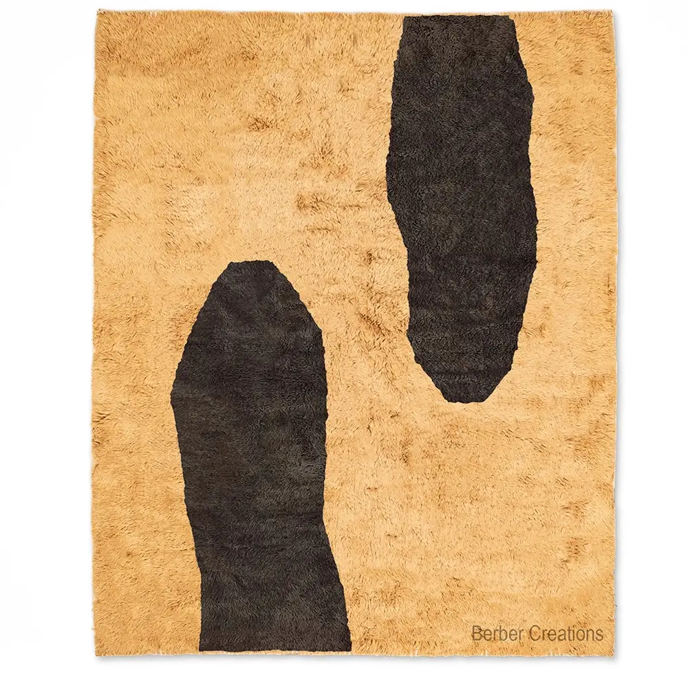 Abstract Beni Ourain Moroccan rug, hand-knotted wool, camel and brown shapes, SOLA rug